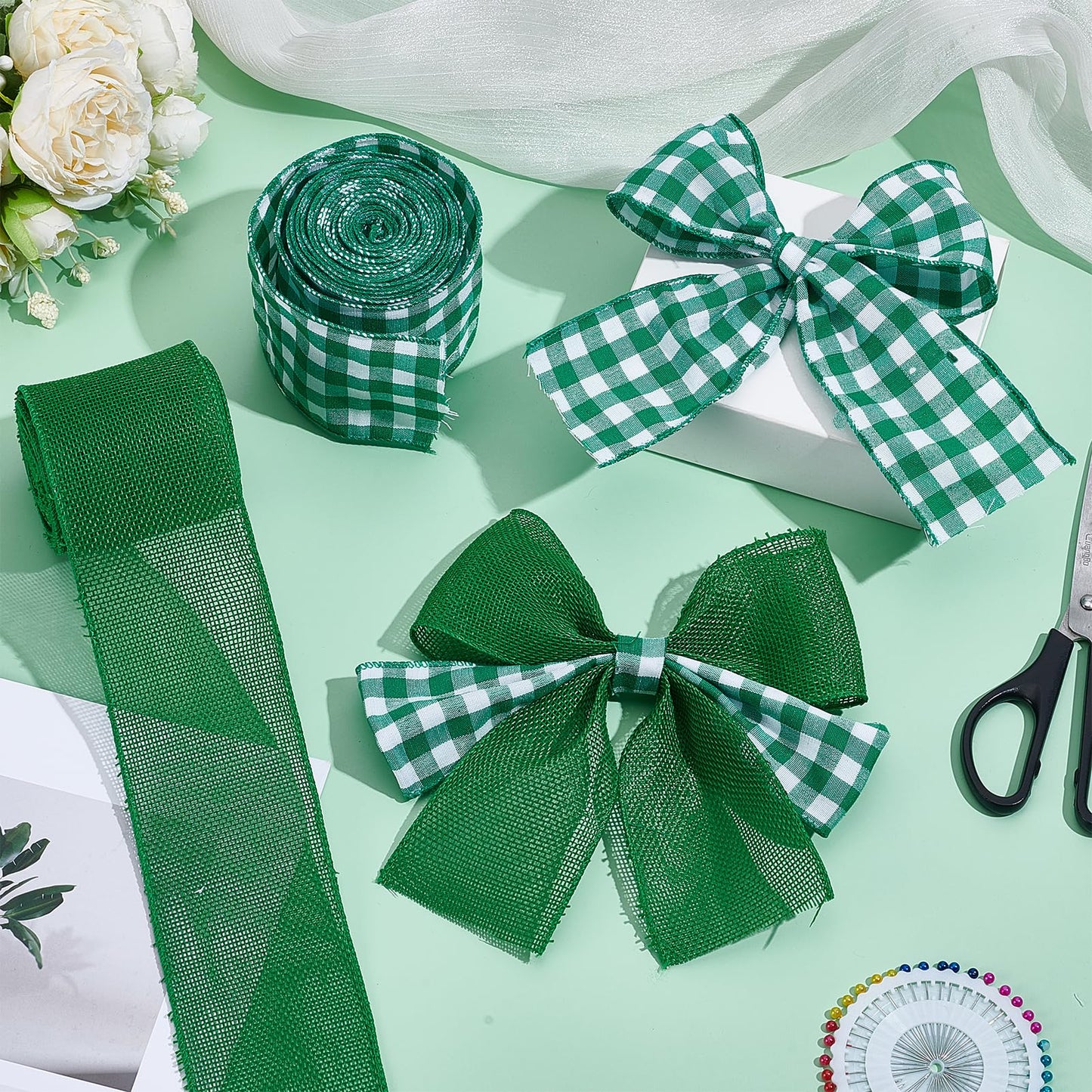 letsinstyle 2 Rolls 12 Yards Buffalo Plaid Wired Edge Ribbons, 2.5" Buffalo Check Wired Edge Ribbon, Green and White Checkered Burlap Ribbons for Wedding Party DIY Decoration Wreaths Bow