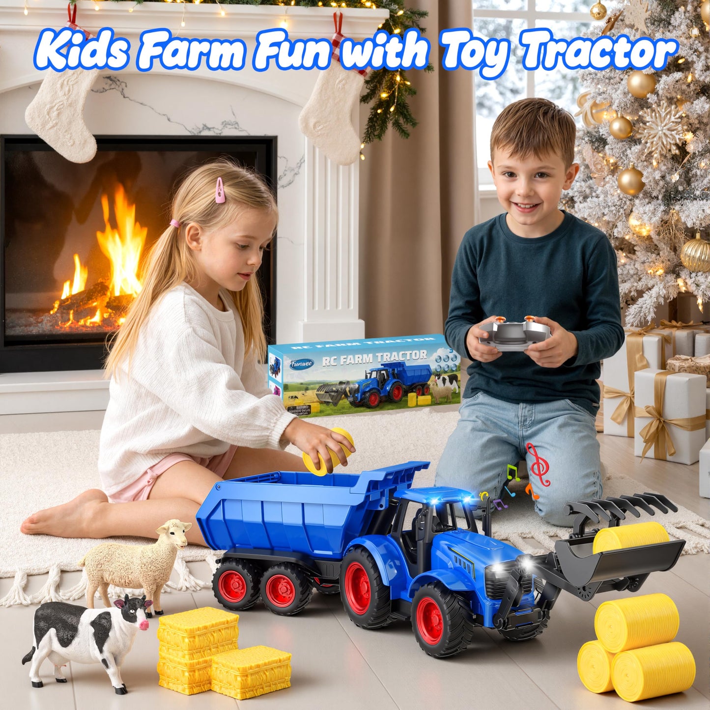Funwee RC Tractor Toy Set with Light & Sound, Kids Farm Car Animal Trailer Wheels Remote Truck, Outdoor Vehicle Toys for 3-7+ Years Old Toddler Boy and Girl Gift(Blue)