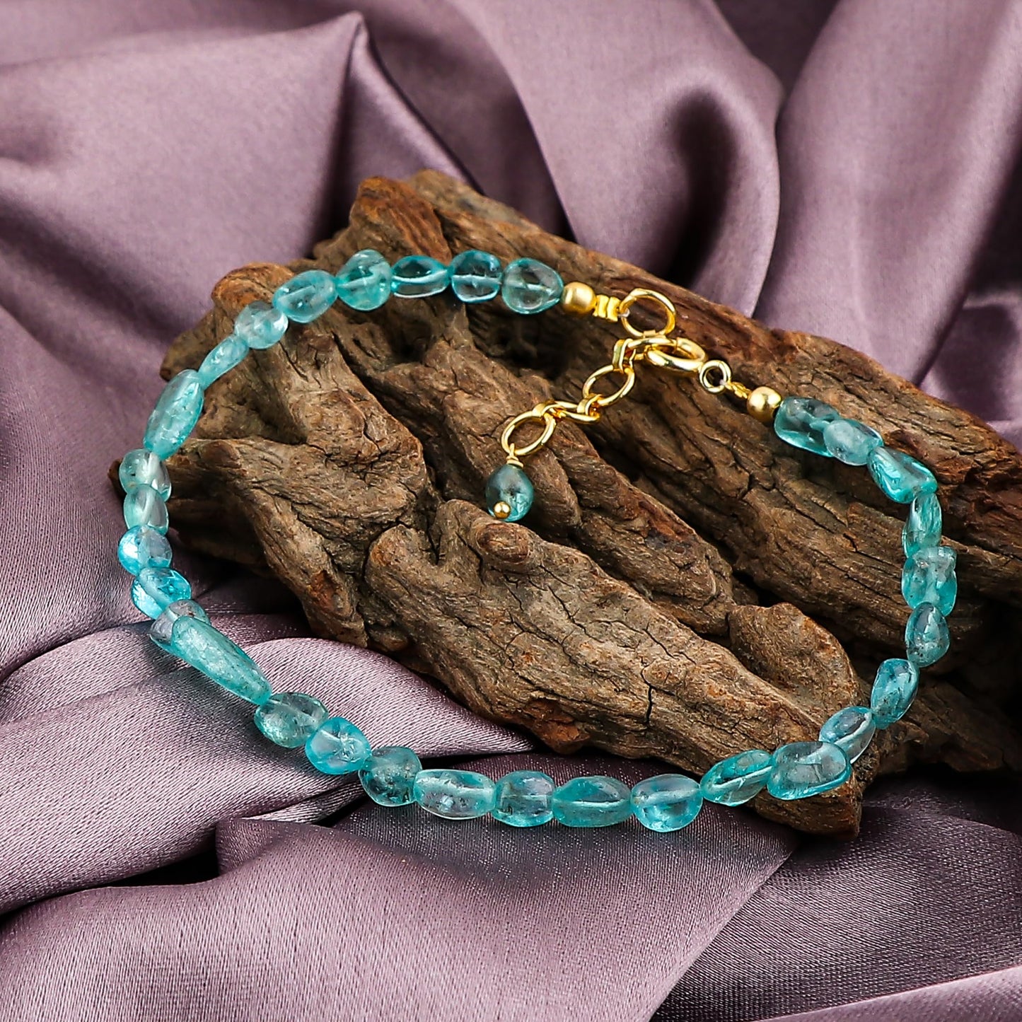 GemSymphony Neon Apatite Gemstone Tumble Bracelet β Hypoallergenic Gold Plated Chain, 7+1 Inch Adjustable, Spring Ring Clasp, Handmade Crystal Bracelet for Women, Natural Stone Healing Jewelry (Neon Apatite)
