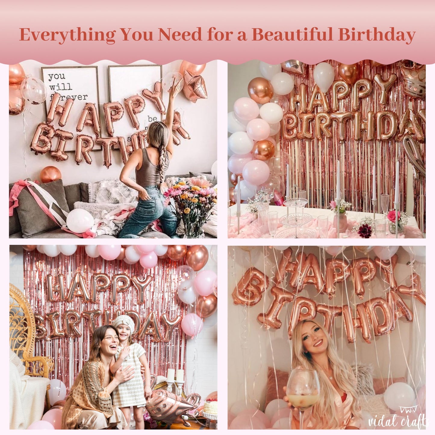 VIDAL CRAFTS 71-Piece Rose Gold Birthday Decorations for Women - Party Backdrop with Latex, Foil & Confetti Balloons, Happy Birthday Decorations Banner & Rose Gold Foil Fringe Curtains