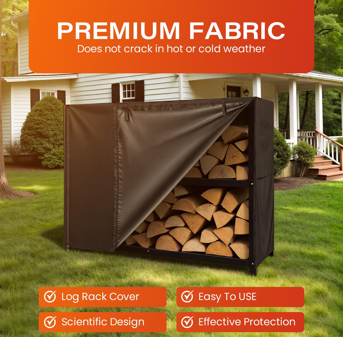4ft Waterproof Firewood Rack Cover - Heavy Duty Black 600D Oxford Fabric - Indoor Or Outdoor Firewood Log Cover with Zipper & Adhesive Closing Strips - Rack NOT Included - Black