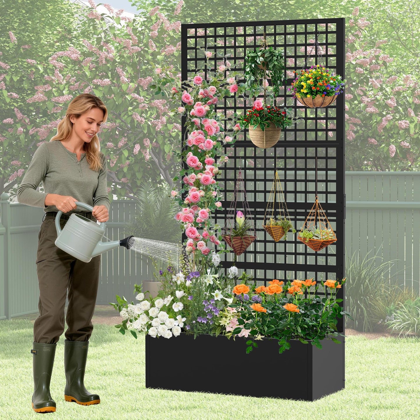 Toriexon Metal Planter Box with Trellis 36" L x 16" W x 72" H, Raised Garden Bed with Privacy Screen, Privacy Planters for Climbing Plants, Flowers, Vegetables, Fruits