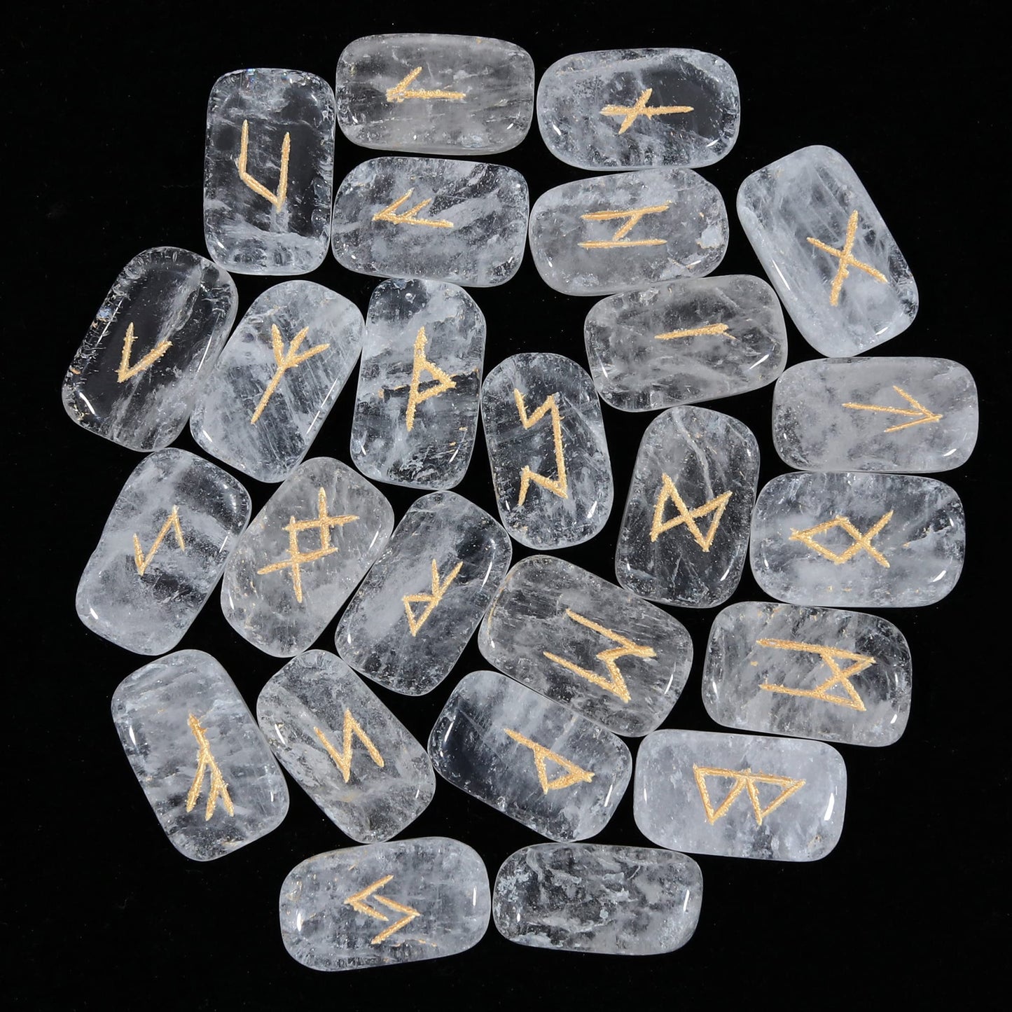 Crocon Clear Quartz Rectangle Shape Gemstone Runes with Elder Futhark Alphabet Engraved 25 pcs Rune Set Crystal Divination Metaphysical Healing Chakra Reiki Runes Set with a Pouch| Size : 20-25mm