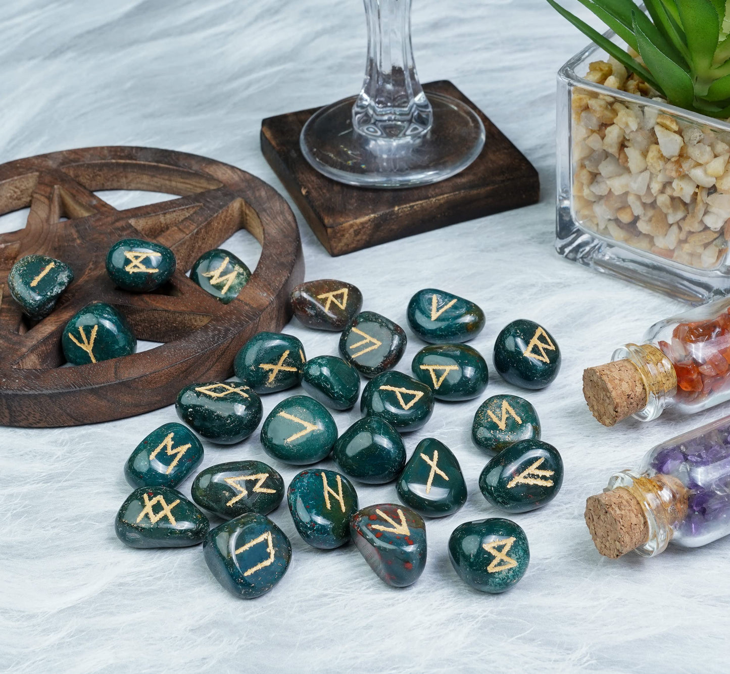 Crocon Green Bloodstone Rune Stones Set Engraved with Elder futhark Crystal Runes Set, Reiki Healing runas for Meditation Chakra Balancing Rune Stone for Beginners with Crystal Guide & Pouch 15-20 mm