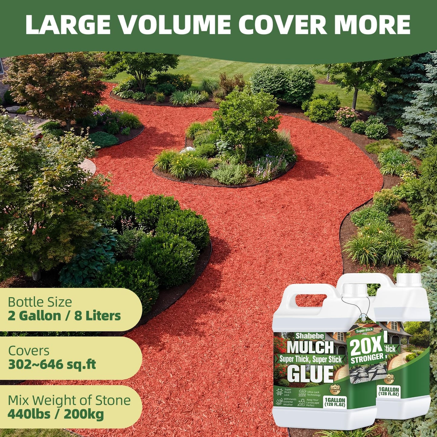 Shabebe Mulch Glue 2 Gallons - Super Stick Rock Glue for Landscaping Gravel Binder for Pea Gravel, Long-Lasting & Non-Toxic, Covers 2X More Area Pebble Gravel Hold for Paths, Patios & Garden Borders