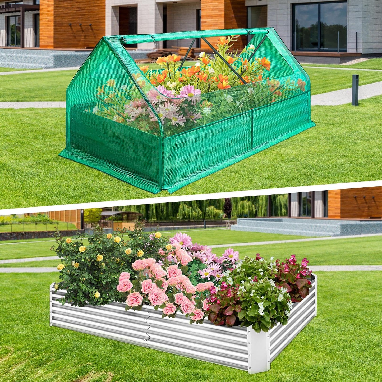 6 x 3 x 3 ft Galvanized Steel Raised Garden Bed, 2 Large Zipper Mesh Screen Windows Mini Greenhouse Outdoor, Bottomless Garden Bed with Greenhouse, Beds for Gardening, Flowers, Herbs, Vegetables