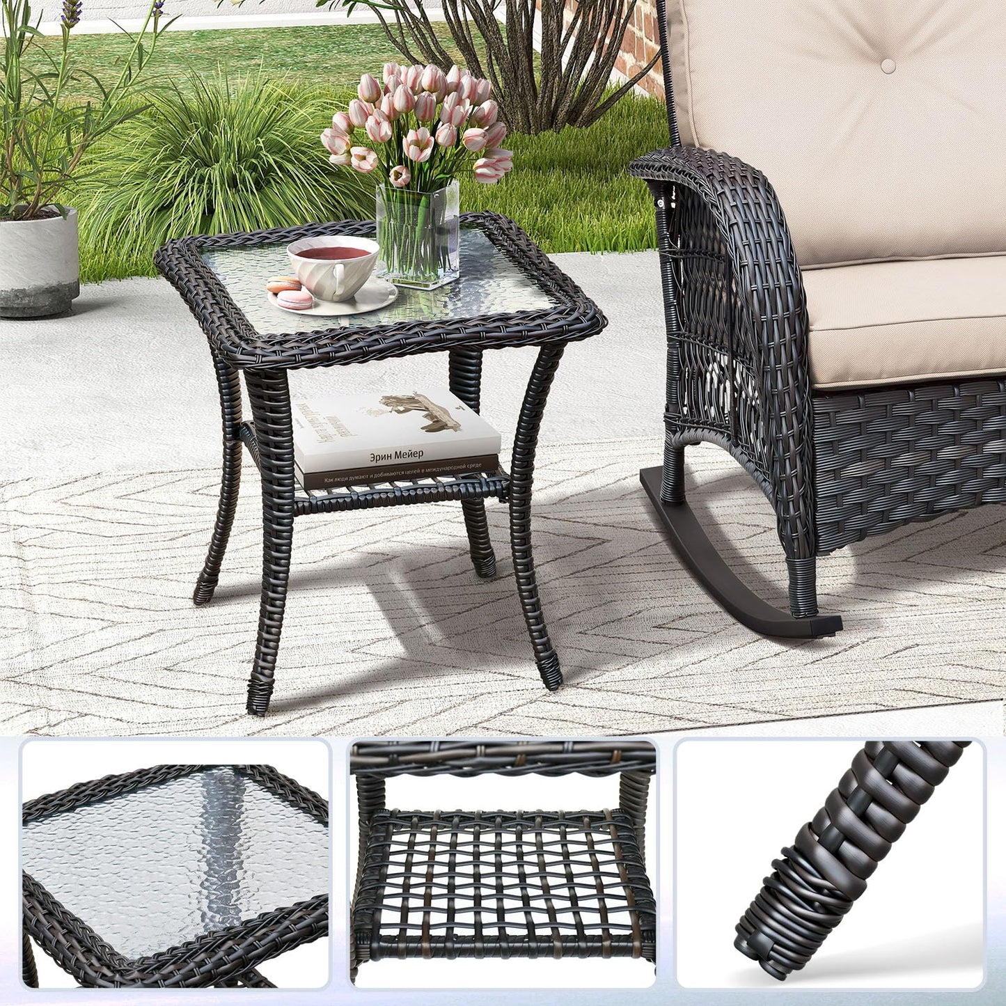 BABYLON Indoor Outdoor Coffee Table, All-Weather Wicker Tempered Glass Top Side Table, Indoor Outdoor Patio End Table with Storage Space, 20''x 20''x20''