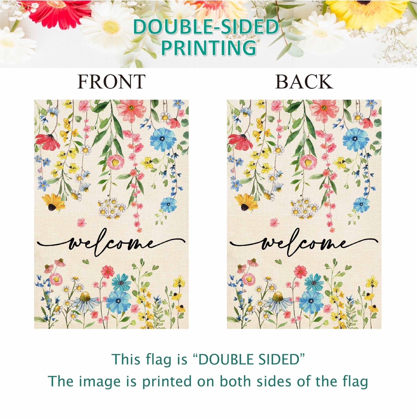 Baccessor Spring Summer Welcome Floral House Flag 28x40 Inch Double Sided Large Yard Flag Outside Outdoor Seasonal Burlap Flowers Flags Home Patio Decoration