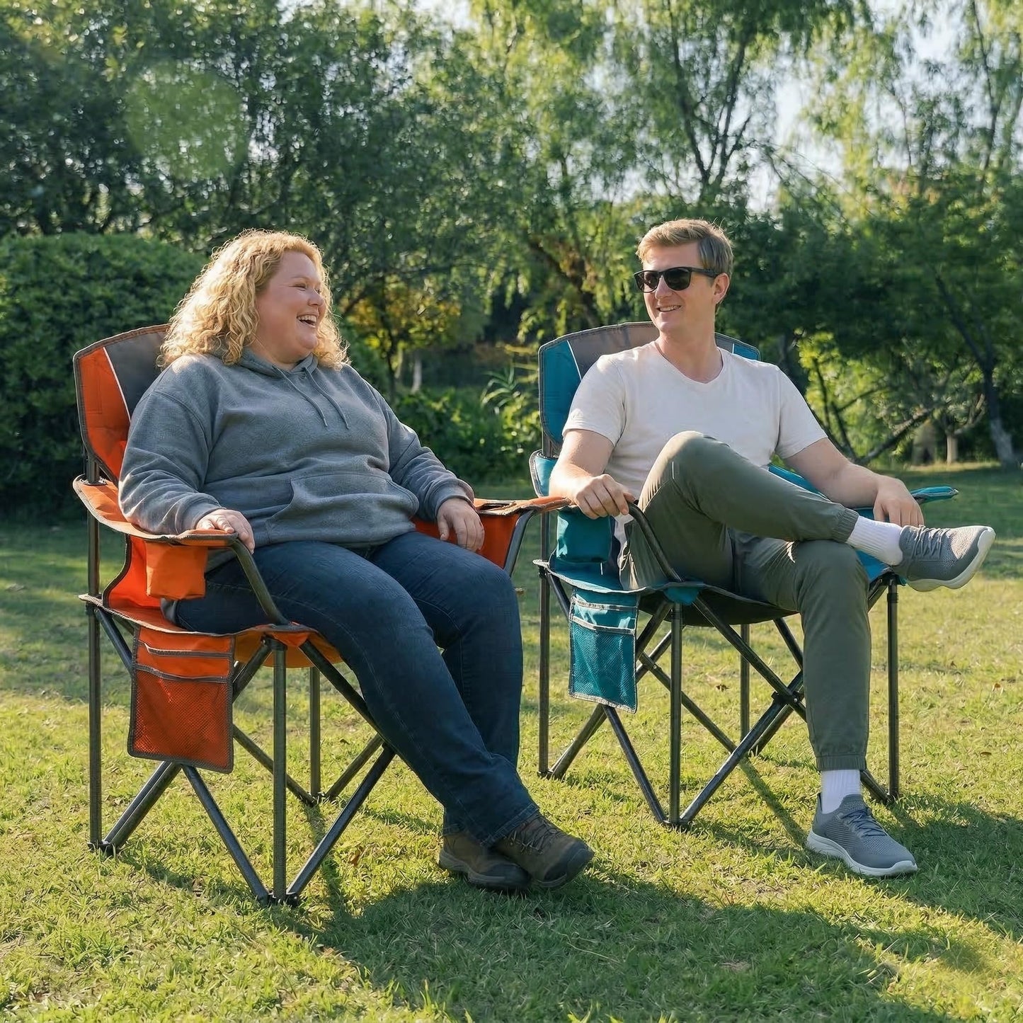 LANMOUNTAIN 2 Pack Padded Oversized Camping Chairs for Adults,Heavy Duty Support 400 Lbs,Folding Portable Lawn Chair w/Cup Holder,Cooler Bag,Side Pocket,Perfect for Outdoor Picnic,Hiking(Orange&Blue)