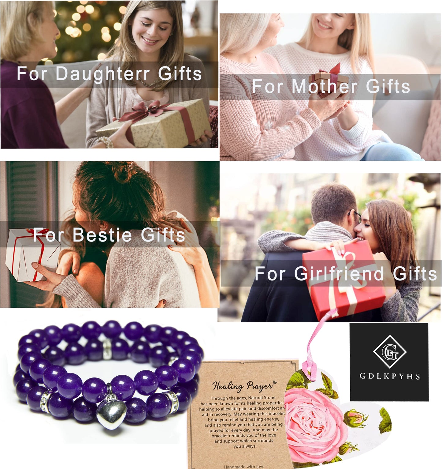 GDLKPYHS Healing Bracelets for Women - Amethyst Bracelet - Healing Prayers Crystal Bracelet, 8mm Natural Stone Stress Relief Yoga Beads Get Well Soon Gifts