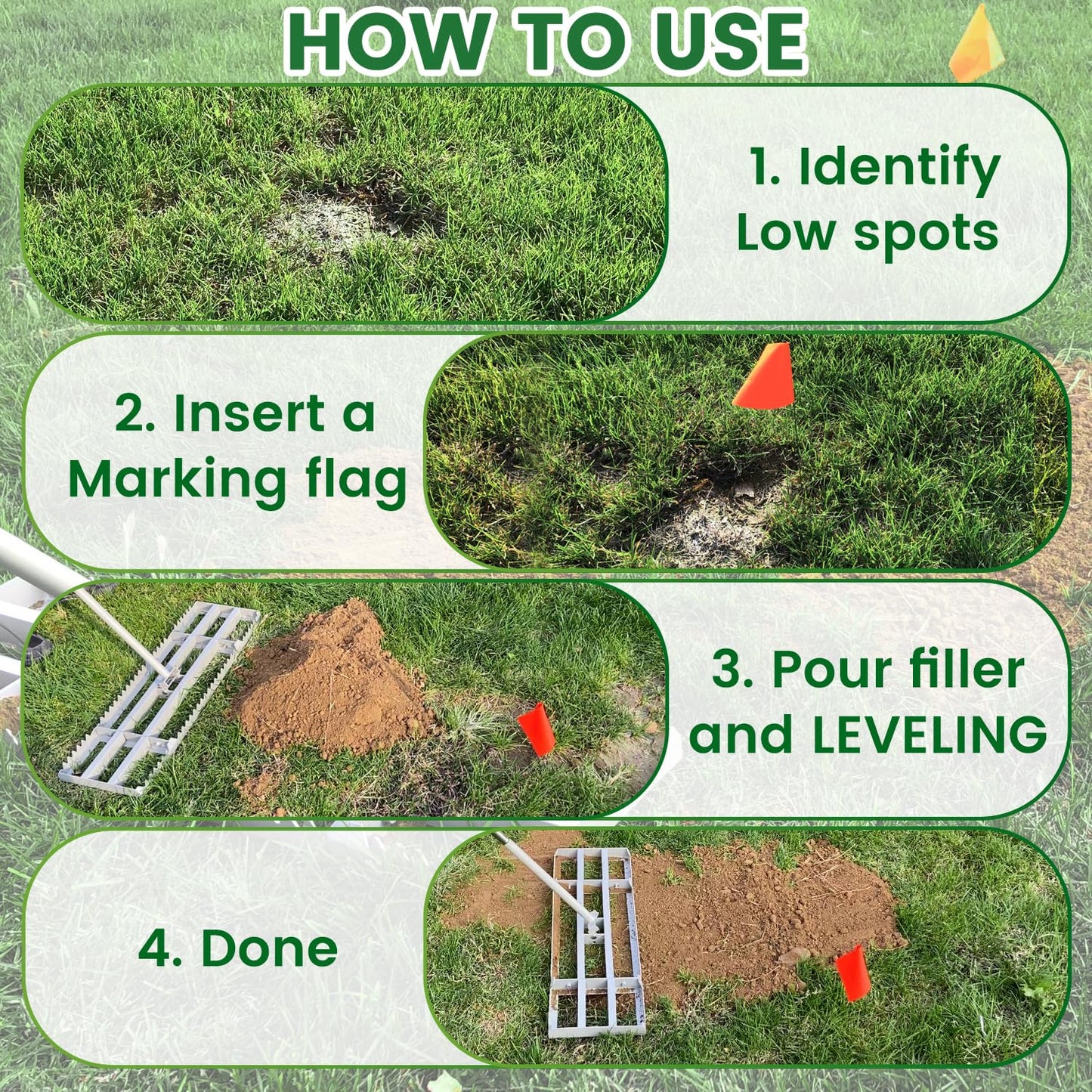 Lawn Leveling Rake, 2-in-1 Double-Sided Landscape Leveler with 20 Marking Flags for Low Spot, 30"Γ10" Heavy Duty Stainless Steel Flat & Serrated Side for Soil Sand Gravel, Yard Garden Golf Course
