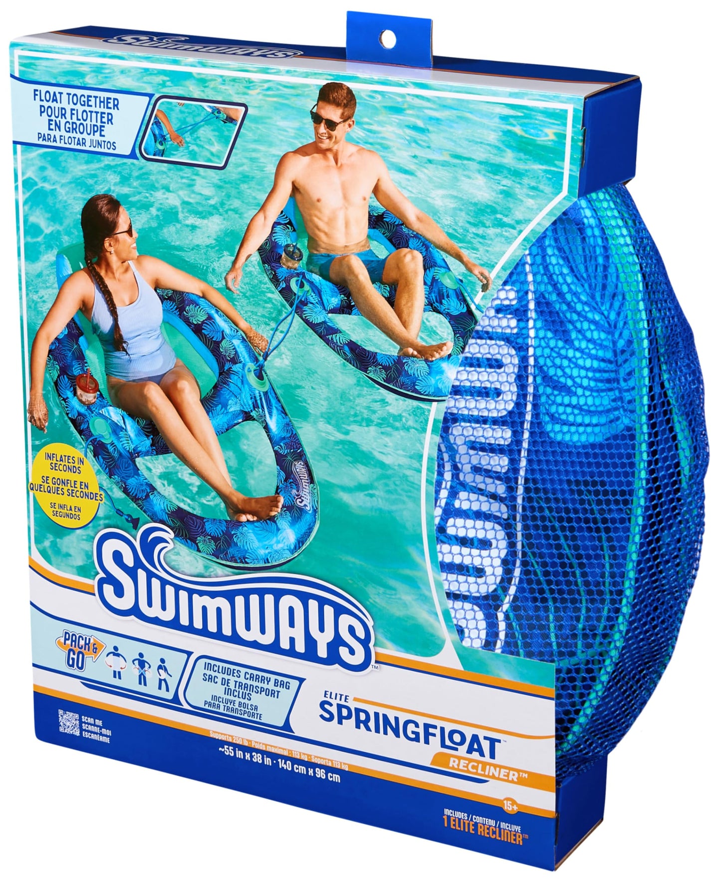 Swimways Elite Spring Float Recliner Pool Lounge Chair, Inflatable Pool Floats with Fast Inflation, Pool Recliner for Adults up to 250 lbs