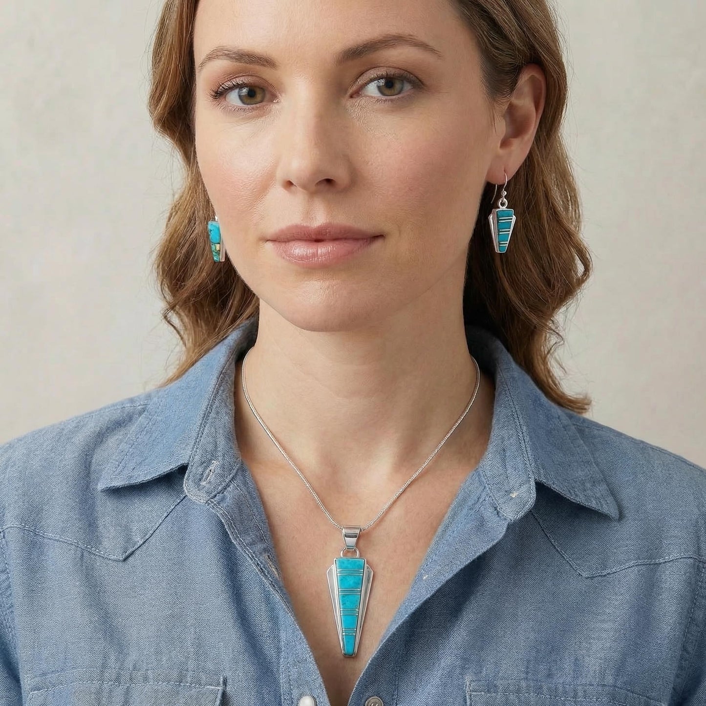 Genuine Gemstones Pendant & Earrings Set in 925 Sterling Silver with 20" Chain (Turquoise)