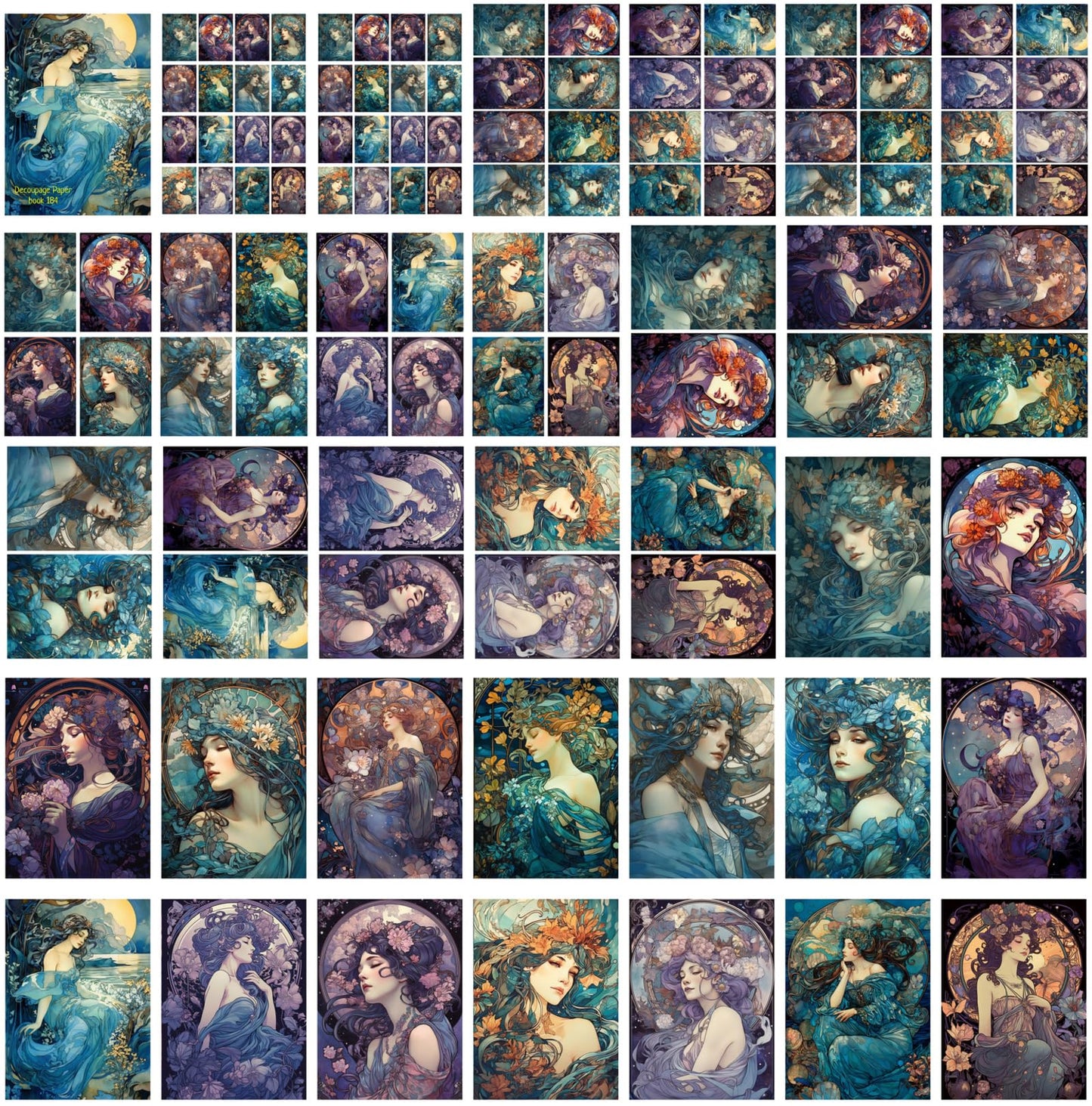 Decoupage Paper Pack (35 Sheets 6"x8") Calm Tranquil Beautiful Ladies of The Lakes and Oceans FLONZ Art Nouveau Alphone Mucha Vintage Illustration Pictures Cards for Decoupage, Craft and Scrapbooking