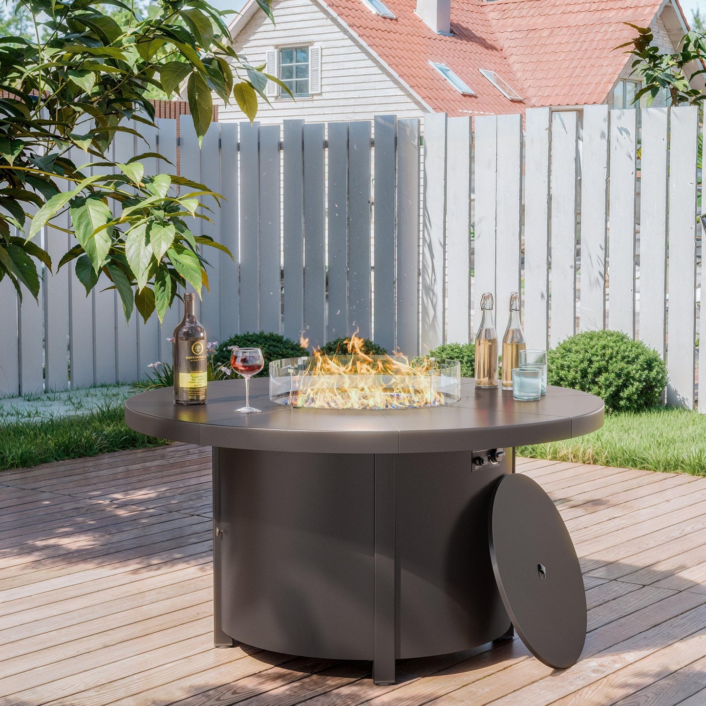 Kullavik 48" Round Propane Fire Pit Table,55000 BTU Auto-Ignitiongas Gas Fire Table with Fire Glass and Lid,Waterproof Cover and Pumice Stone for Patio,Balcony,Garden