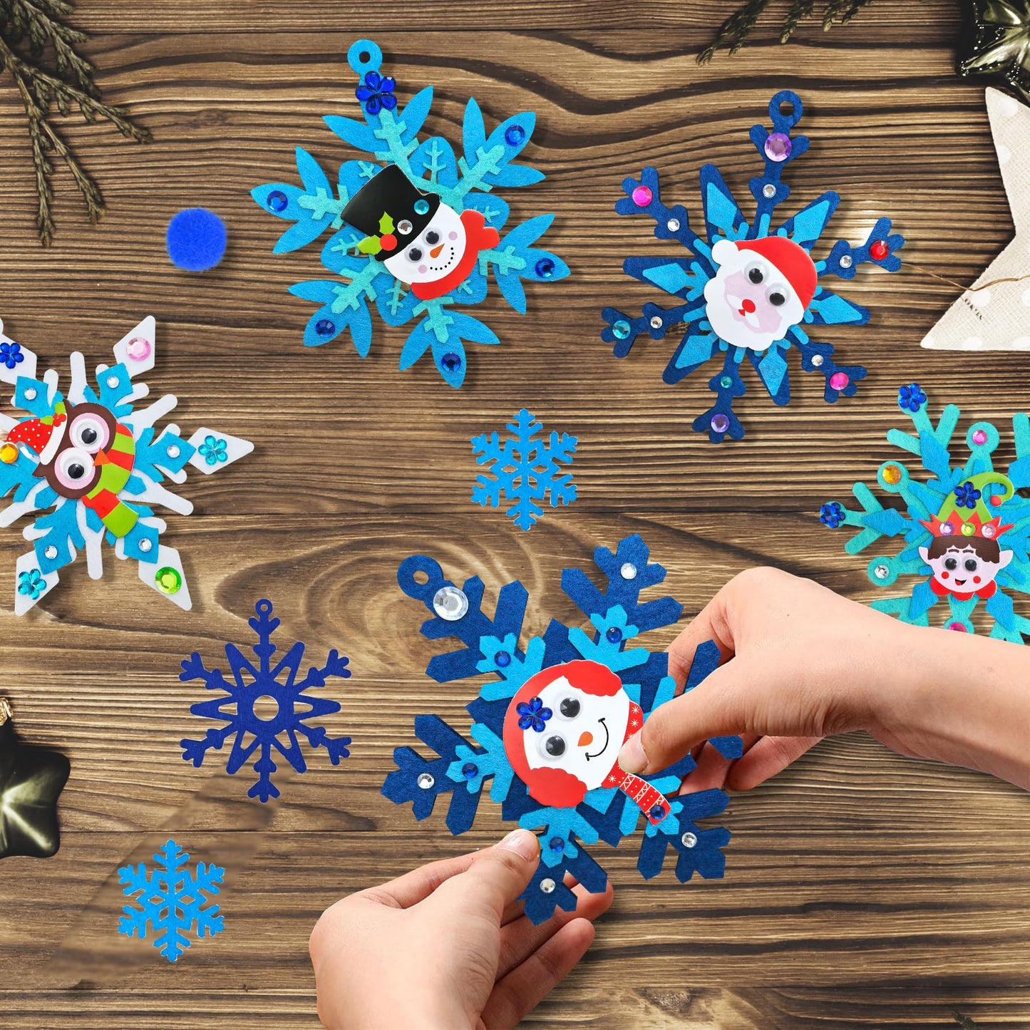 Ruicnte 24 Sets Christmas Craft Art Kits for Kids,DIY Winter Snowflake Crafts with Penguin Snowman Santa Sticker for Christmas Tree Ornaments Decoration for Home Classroom Activities Favors