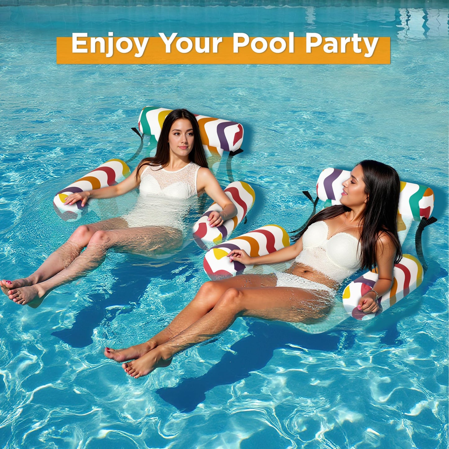 Funscape Pool Floats Chairs Adult, 2 Packs Heavy Duty Inflatable Swimming Pool Lounges, Fabric Floating Hammock Seat, Kid Blow Pool Noodle Lake Raft Floaties, Fun Summer Beach Water Party Game—Rainbow
