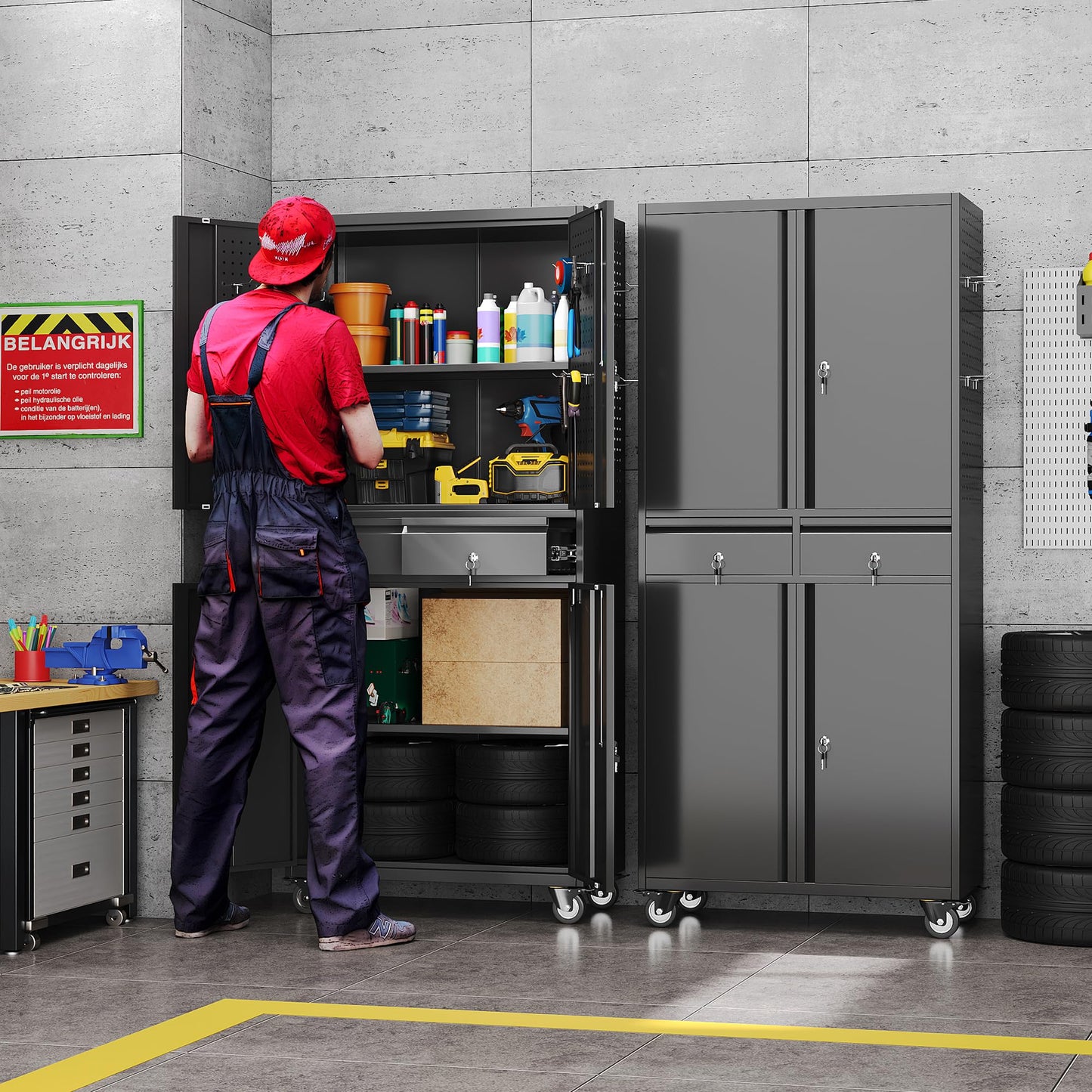 GLADIW Garage Storage Cabinet with Wheels, Metal Storage Cabinet with 2 Drawers and 2 Adjustable Shelves, Metal Lockers with Pegboards for Homes, Offices, Kitchens, Schools and Pantries