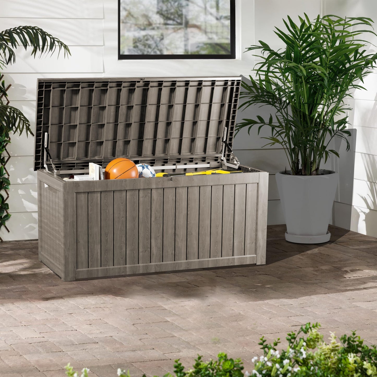 PATIOEASY Outdoor Storage Box 275GAL Waterproof Resin Deck Box,Pool Accessories Supplies,UV-Resistant Lockable Package Delivery Bin for Garden Tools,Large Patio Outside Cushions,Chest,Furniture,Grey