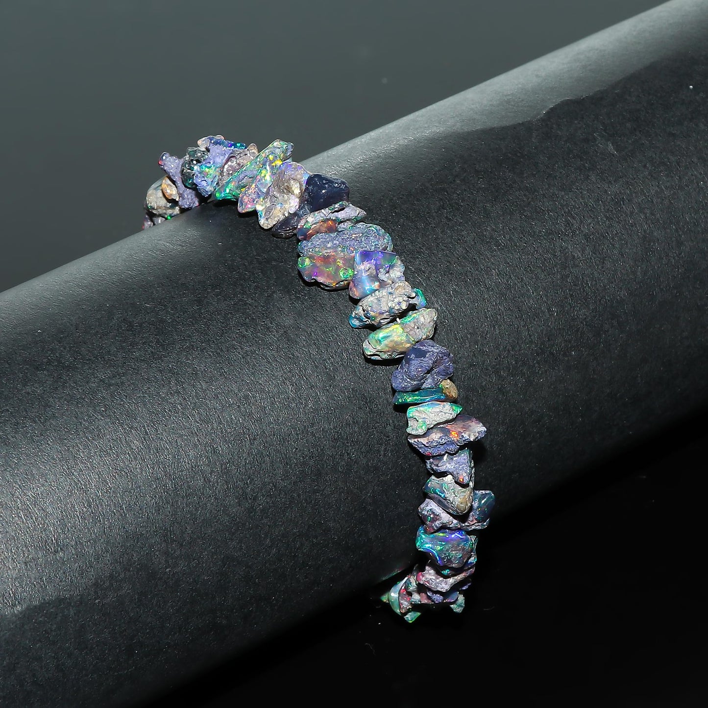 CRYSTALIS Black Opal Bracelet, Natural Raw Stones, Fire Play Rough Gemstones, Chakra Healing Crystals, Gift Giving Jewelry, Rhodium 925 Sterling Silver Women Bracelet 8 inch