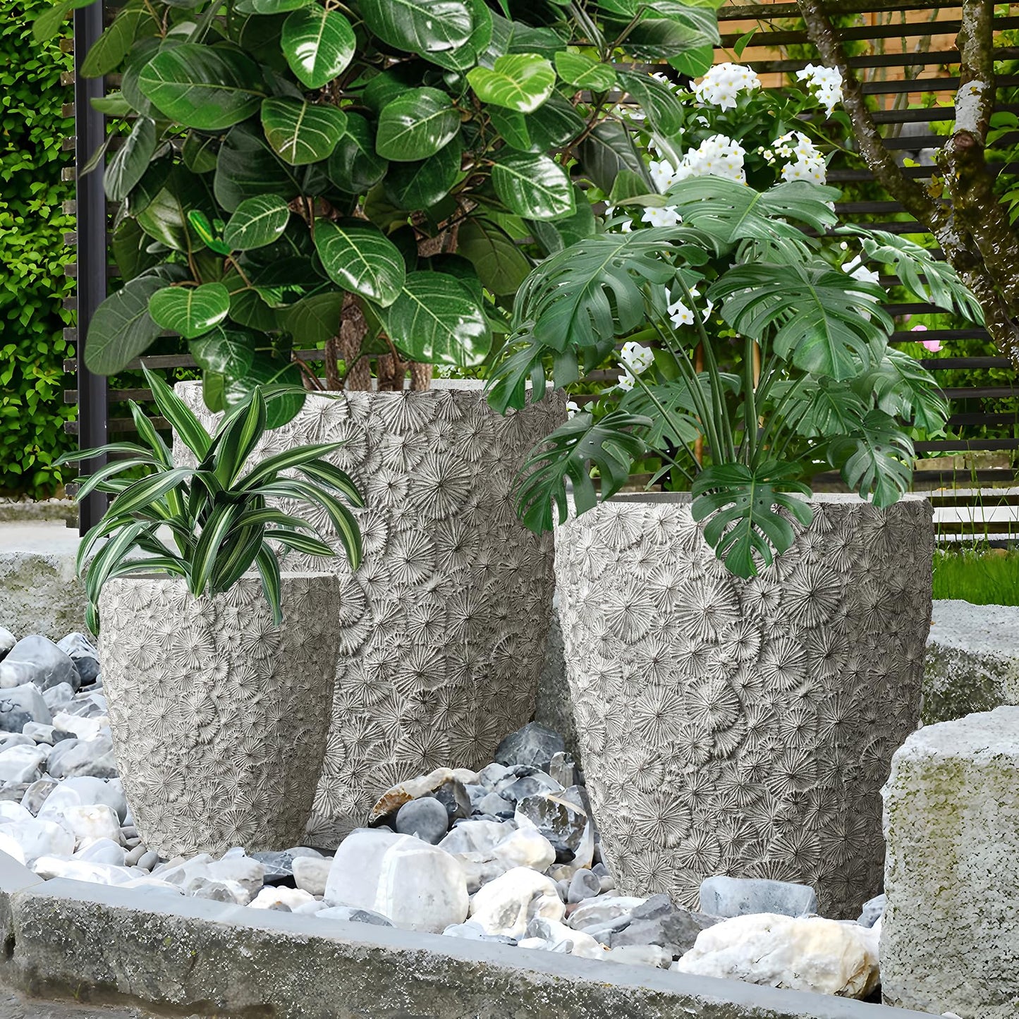 ShangDemonMaster Craft flowerpots 16"+12"+10" Dia Round Concrete Planter Set of 3 Large Outdoor/Indoor Planter Pots Containers with Drainage Holes and Rubber Plug for Home Garden (Grey, Large)
