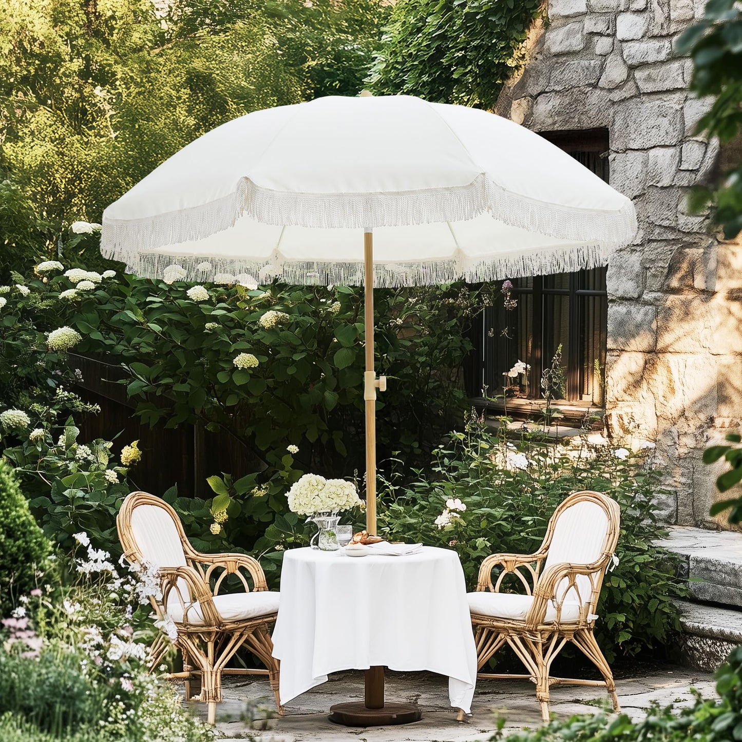 Kbrellaoutlets Patio Fringe Umbrella with UPF 50+ Protection,8 Ribs and Push Button Tilt,Outdoor Beach Umbrella For Garden, Courtyard,Pool,Outside