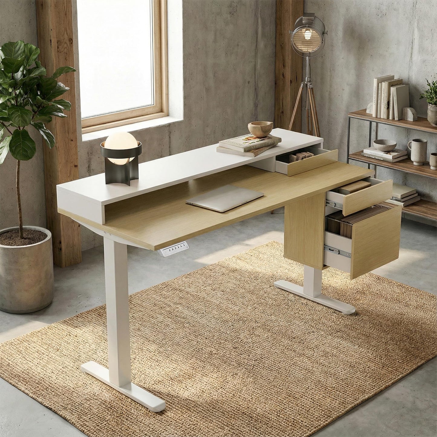 ErGear Electric 47 inch Standing Desk with Drawers and File Cabinet, Adjustable Stand up Desk with Storage, Ergonomic Sit Stand up Table Compatible Monitor Stand, Light Walnut