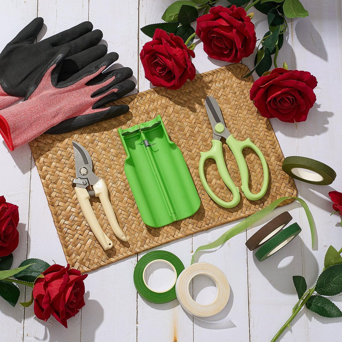 9 Pcs Rose Thorn Remover Set Include 1 Flower Thorn Stripper Tool 5 Floral Tape 1 Flower Scissor 1 Curve Gardening Scissors 1 Pair Gardening Gloves for Valentine Women Mother Gift (Green)