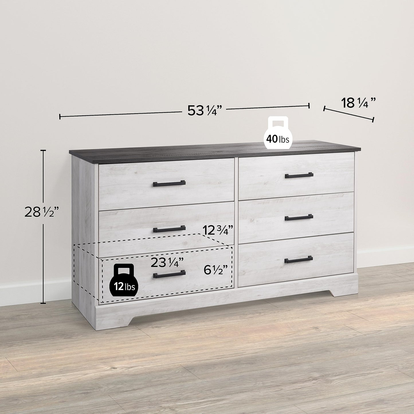 Prepac Rustic Ridge Farmhouse 6-Drawer Double Dresser, Washed White Dresser for Bedroom, Chest of Drawers with 6 Storage Drawers, 53.25” wide x 18.25” deep x 28.5” tall, Washed White