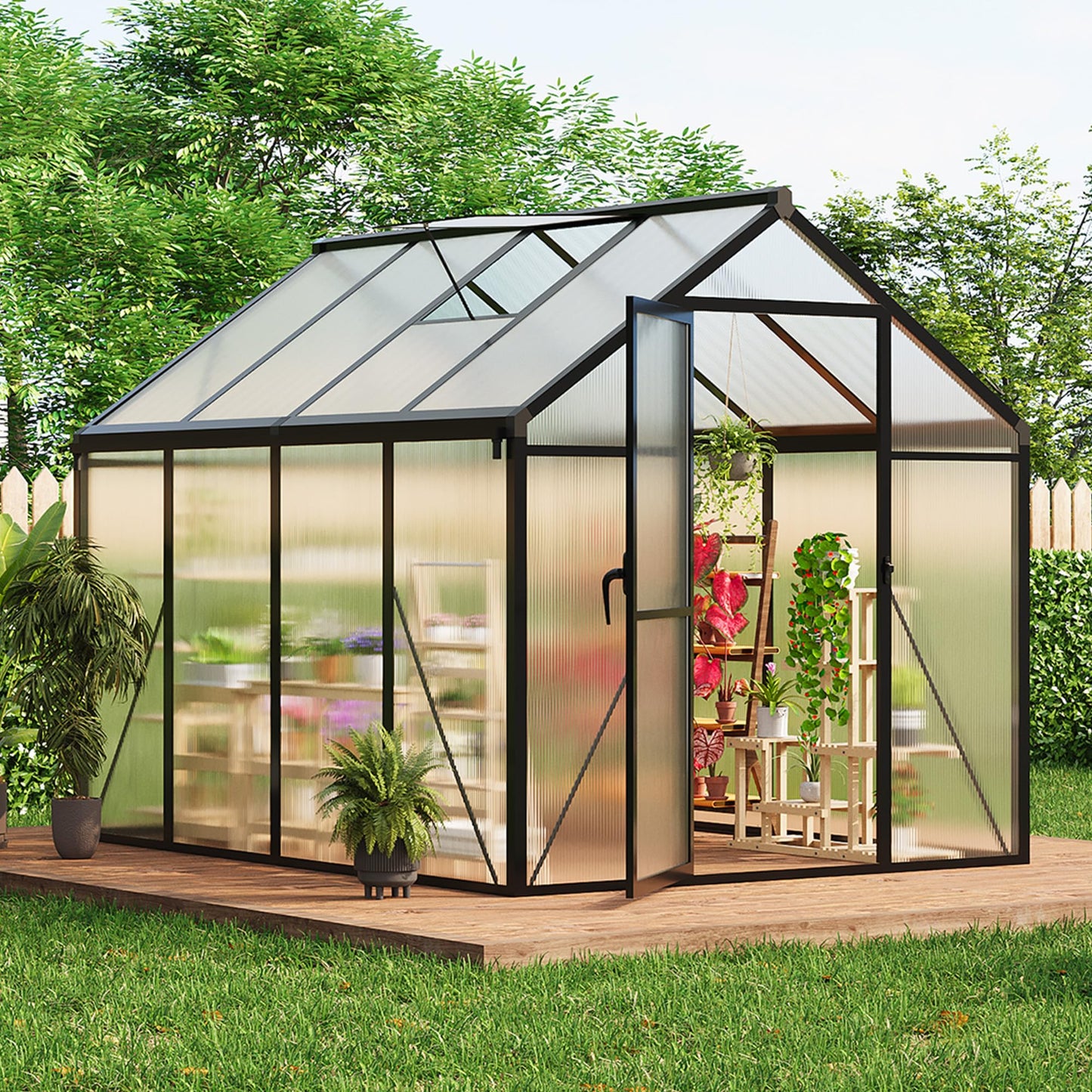 Garvee 6 x 8 FT Greenhouse, Greenhouses for Outside, Polycarbonate Greenhouse with Aluminum Frame, Lockable Door and Ajustable Roof Vent for Backyard, Green Houses for Outside Garden Backyard, Patio