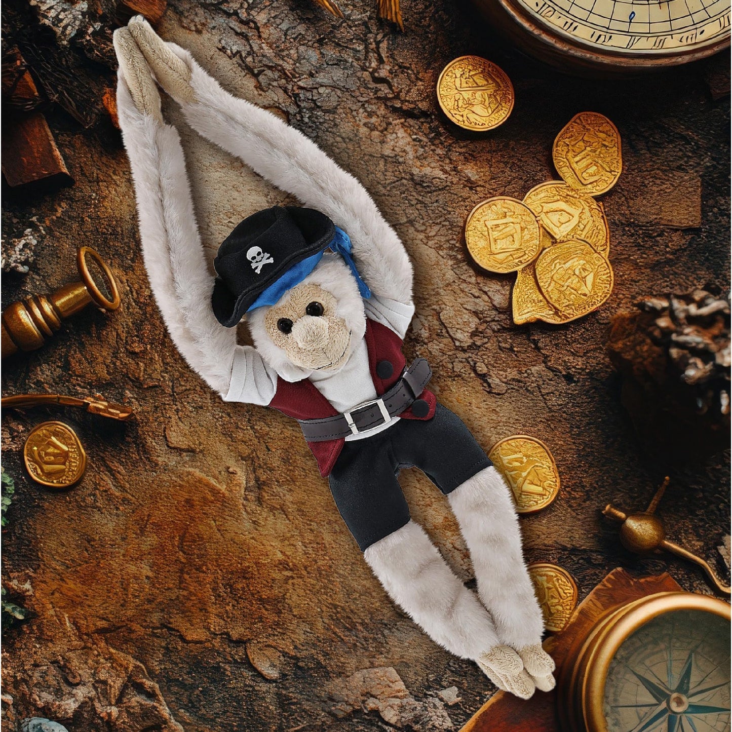 DolliBu Hanging White Squirrel Monkey Stuffed Animal with Pirate Dress Up and Name Personalization - Sea Adventure Plush Toy with Cute Pirate Costume - Hat, Shirt, Pants, Eye Patch, Belt - 21 Inches