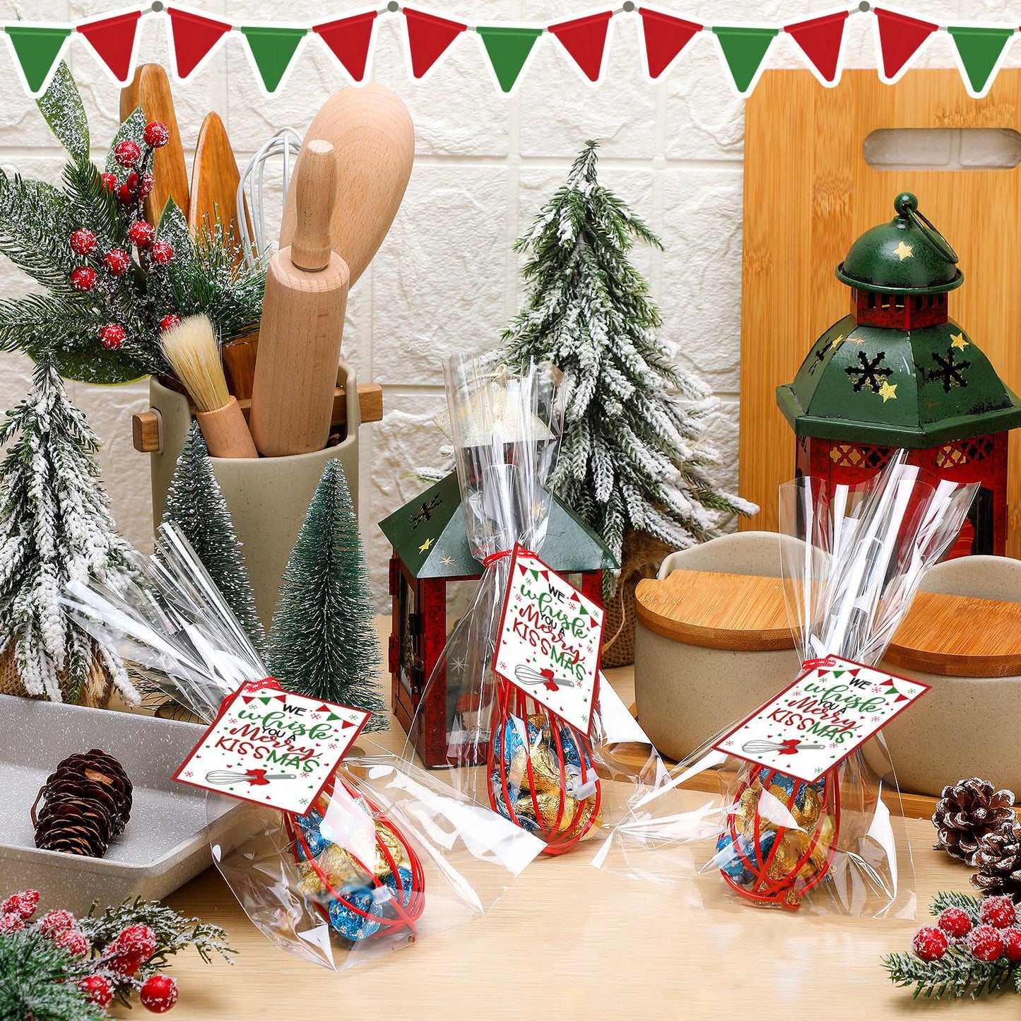 Nuogo 6 Sets Christmas Neighbor Gifts Christmas Whisk Baking Cooking Supplies Includes 8 Inch Stainless Steel Whisk, Greeting Cards, Ribbons, Plastic Bags for Kitchen Supplies Xmas Stocking Stuffers