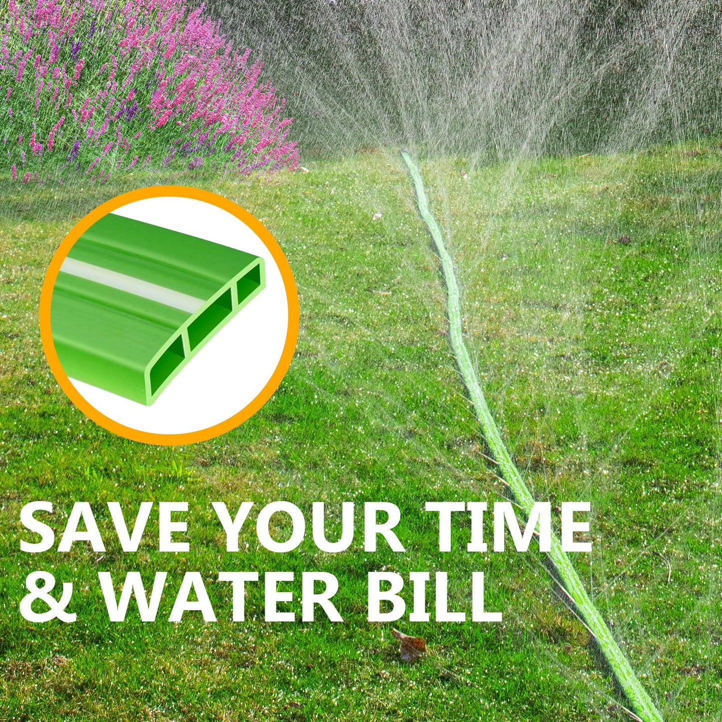 LAVEVE Heavy Duty Sprinkler Soaker Hose 50 FT, Flat Garden Hose with Holes, Efficient Flexible Irrigation Hose for Yard, Lawn and Garden, Includes Stakes