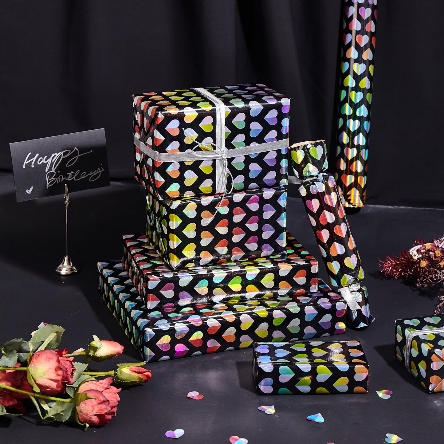 LUVONA Rainbow Heart Wrapping Paper – Black Kraft, Mini Roll 17 inch x 33 feet – Colorful Foil Gift Wrap for Valentine’s, Wedding, Birthday
