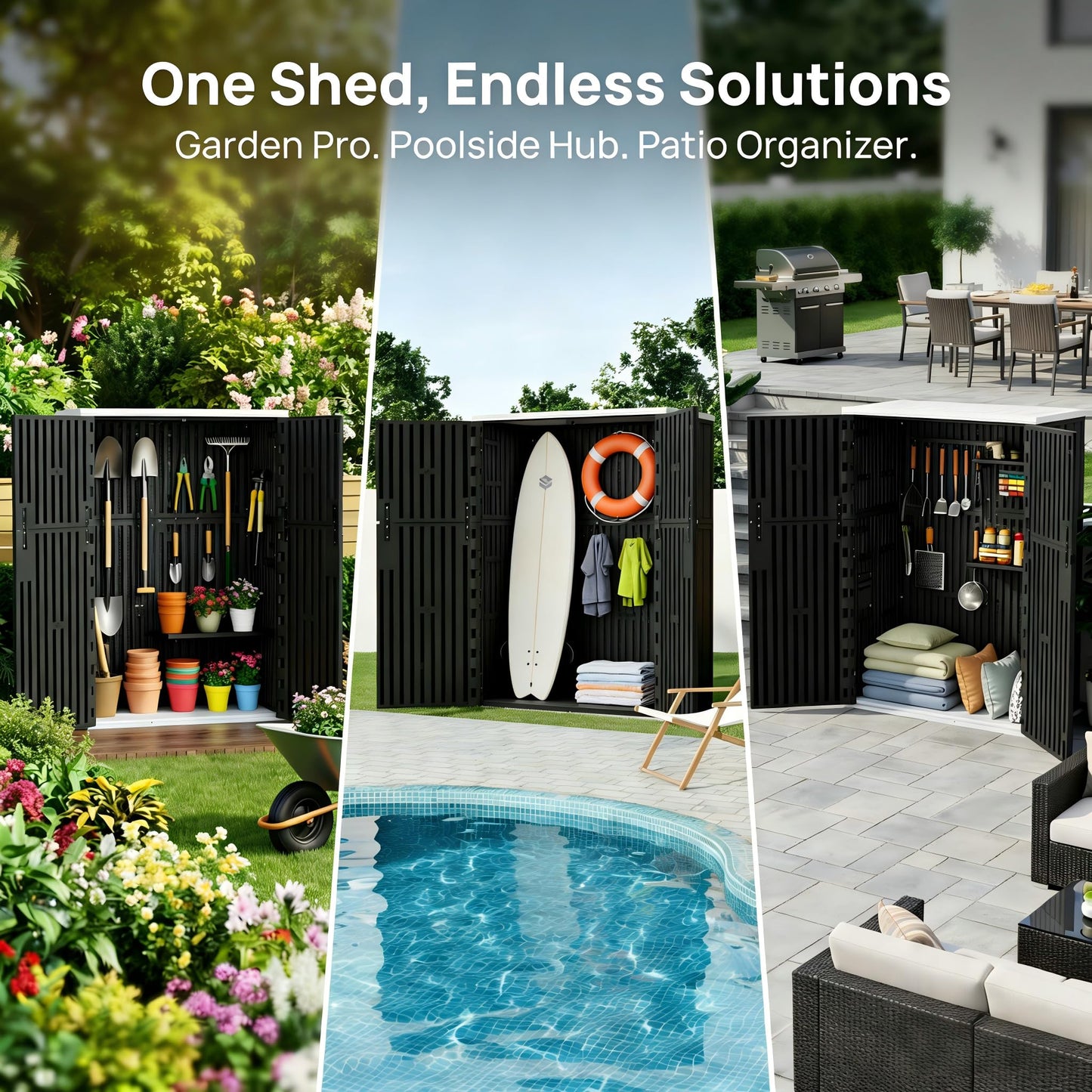 Outdoor Storage Shed 57 Cu.ft Weatherproof Resin Storage Cabinet with Floor, Lockable Vertical Shed for Garden Tools, Lawn Mower, Pool Equipment & Organization – Shelves Not Included