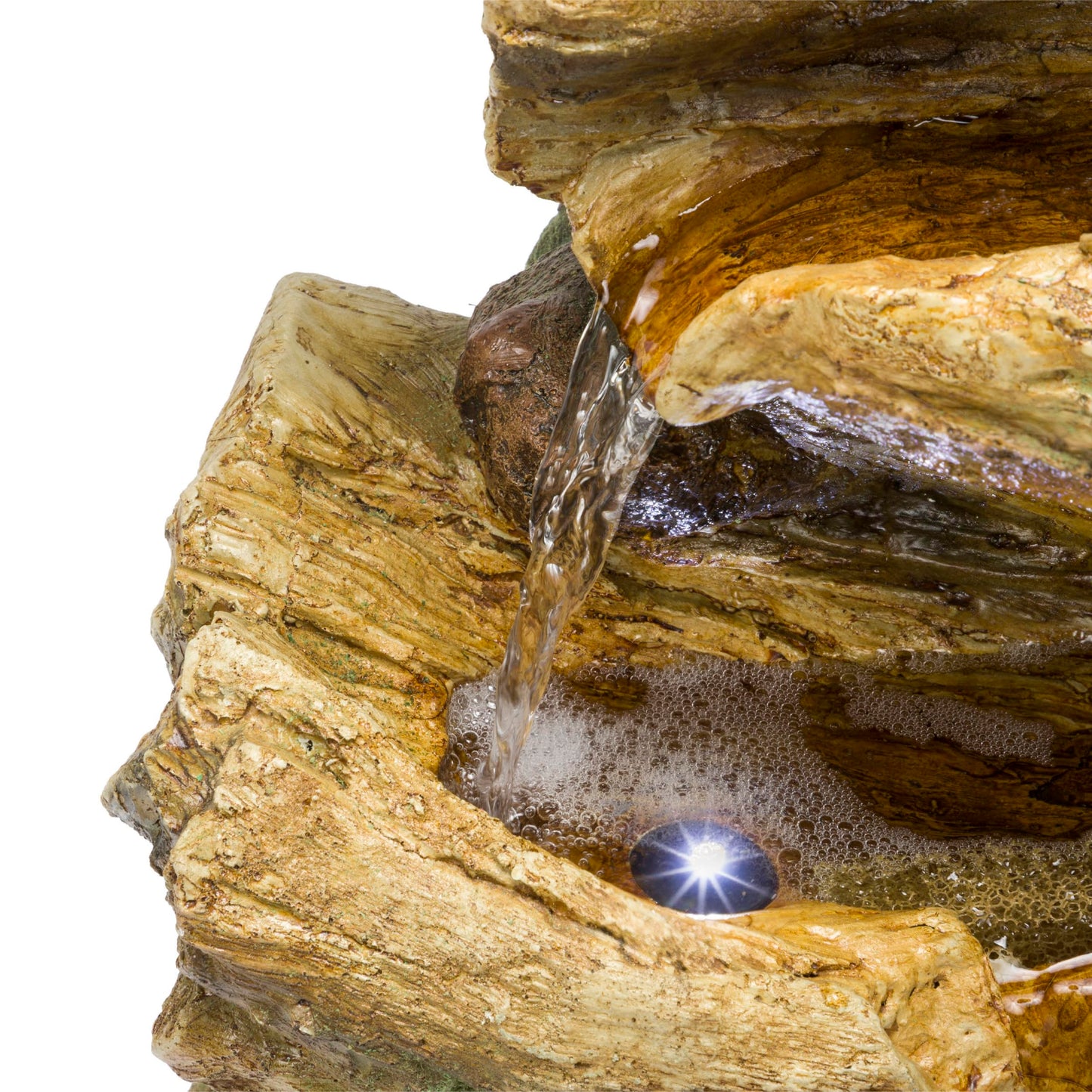 Alpine Corporation TZL226 Outdoor 4 Tier Log Tree Trunk Waterfall Floor Fountain with LED Lights, Tiered Garden Décor, 24" H, Brown