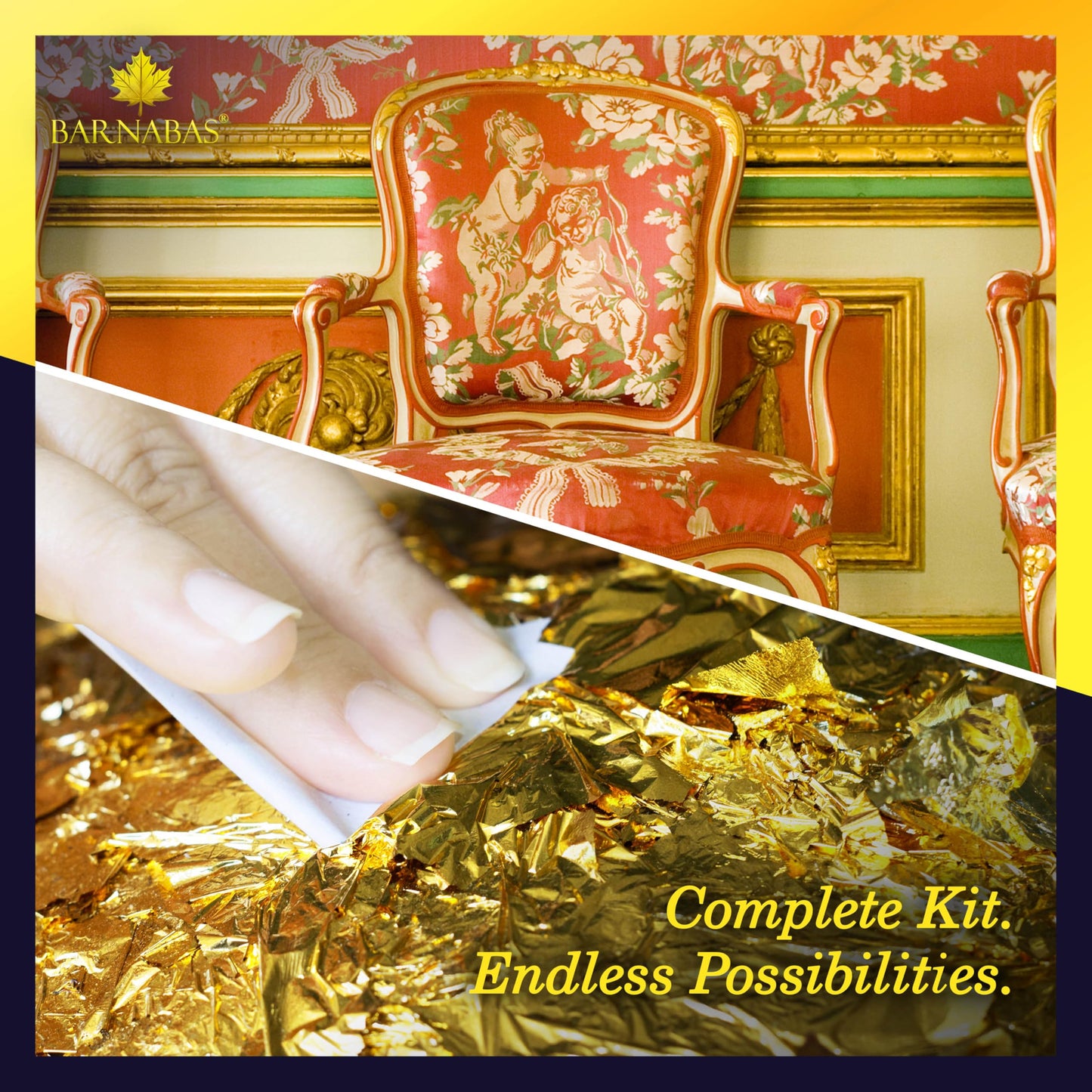 Barnabas Gold Leaf Kit – 25 Gold Foil Sheets, 100ml Gilding Adhesive, 100ml Sealer, 20ml Gold Paint, Brushes, Tools & Gloves for Crafts, Art, Furniture, and Decorative Projects