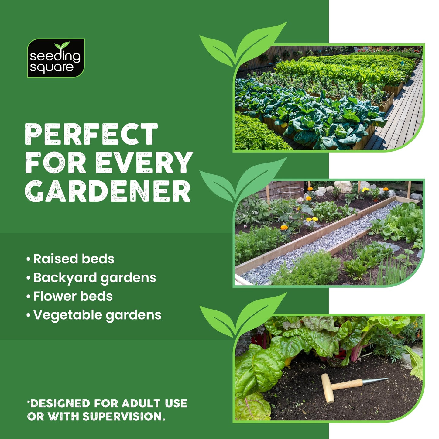 Seeding Square Pokey Planter Stainless Steel & Wooden Handle Garden Tool for Planting Garlic, Onions, Tulips, Daffodils, Lilies, & Transplanting Seedlings