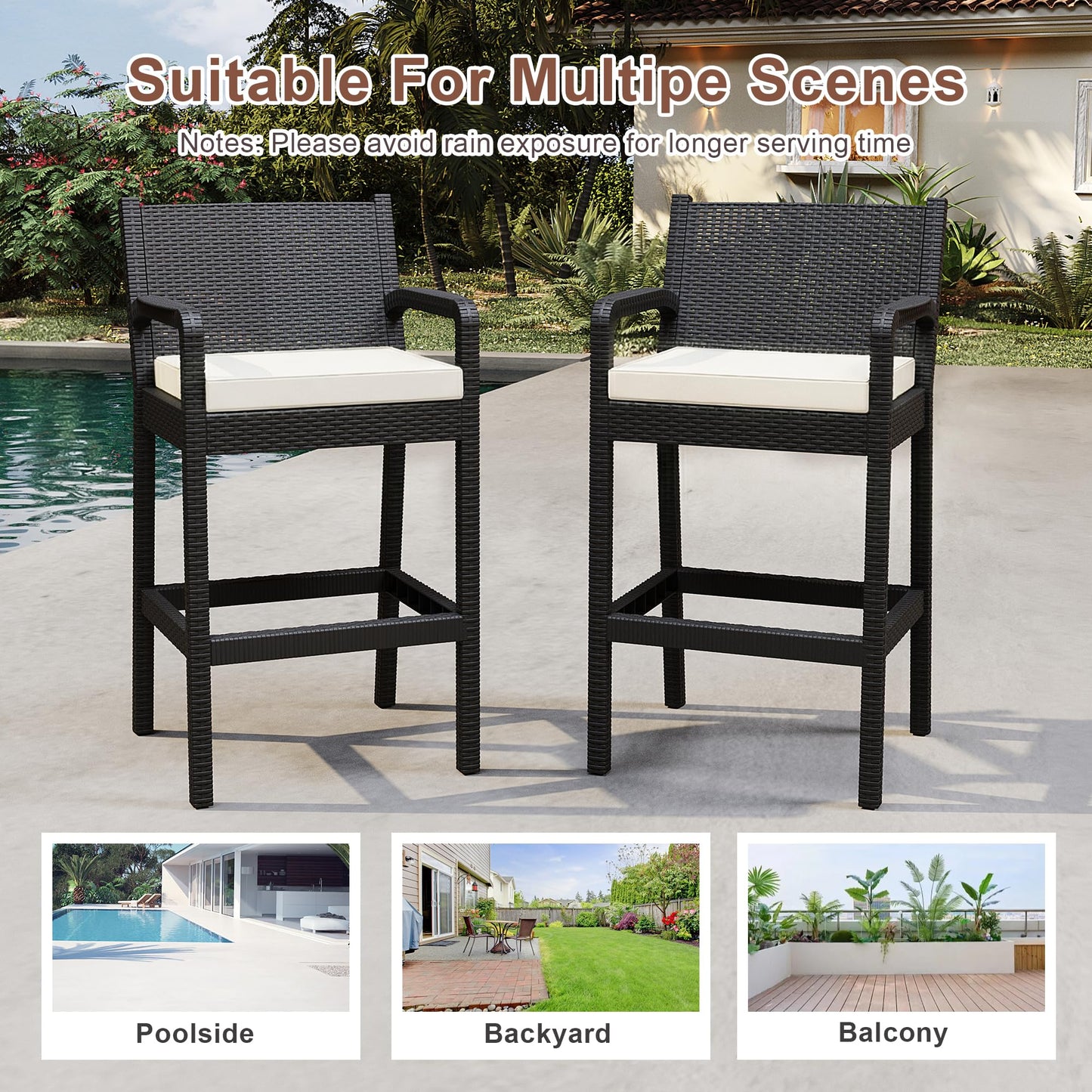 Patio Wicker Bar Stools Set of 4, 30'' Outdoor Counter Height Barstools with Thickened Cushions, All-Weather Wicker Rattan Bar Chairs with Backrest & Footrest for Backyard, Pool, Balcony, Beige