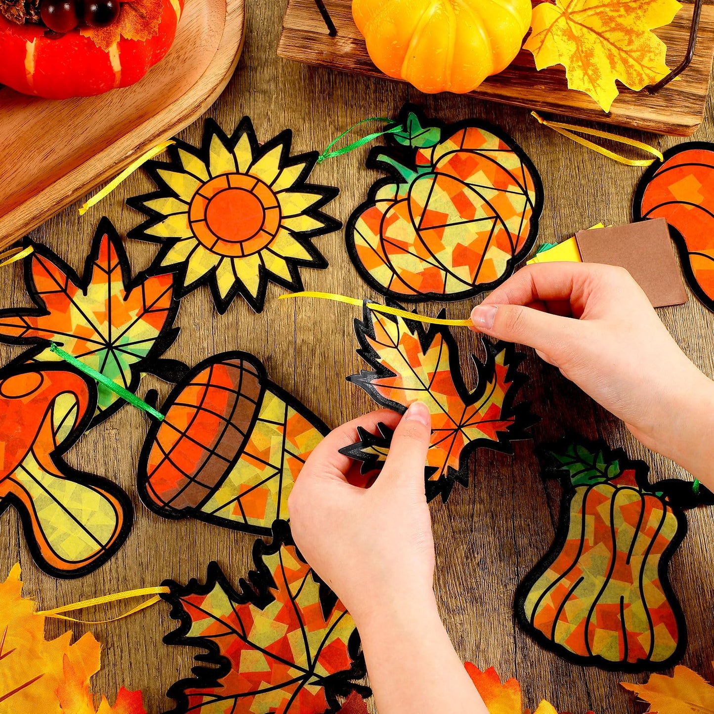 AmazingSpark 36 Set Thanksgiving Harvest Fall Suncatcher Paper Crafts Kit DIY Autumn Leaf Pumpkin Stained Glass Effect Tissue Paper Hanging Suncatchers Decor for Autumn Festival Art Party Supplies