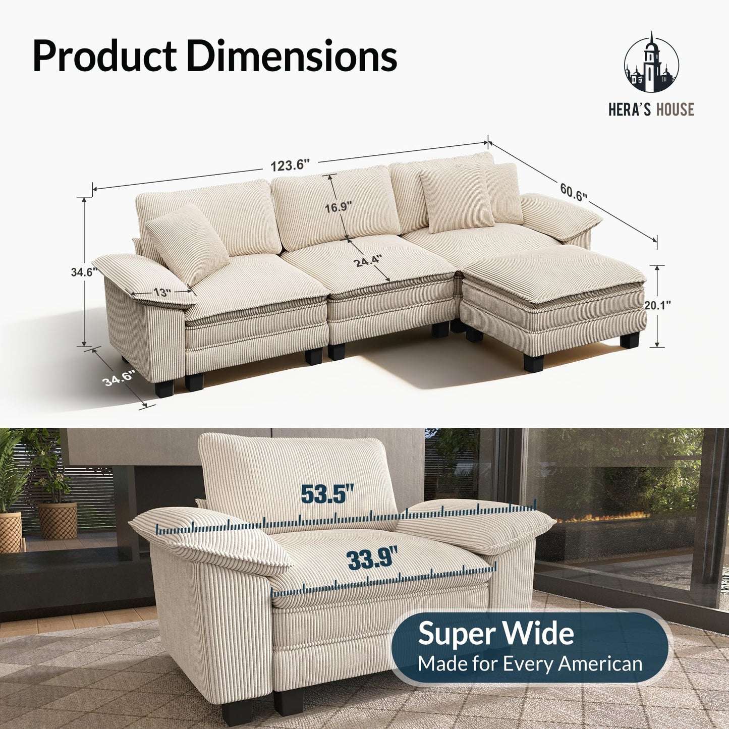 HERA'S HOUSE 124" Modular Sectional Sofa, Oversized L Shaped Couches for Living Room, Comfy Cloud Couch with Ottoman, 4-Seater Deep Seat Sofa with Throw Pillow, Corduroy Beige