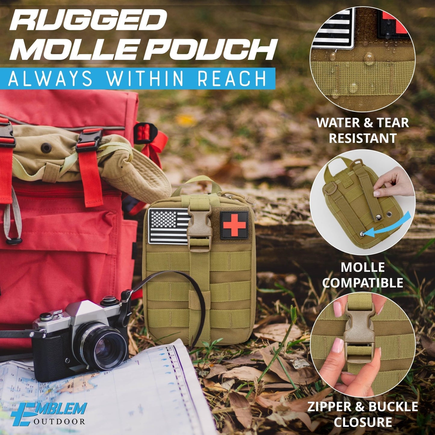 Emblem OD 242 Piece First Aid Survival Kit with Tourniquet Kit | MOLLE IFAK Med Kit | Emergency Medical Trauma Kit | Survival Gear | Tactical First Aid Kit for Car Home and Field | Brown