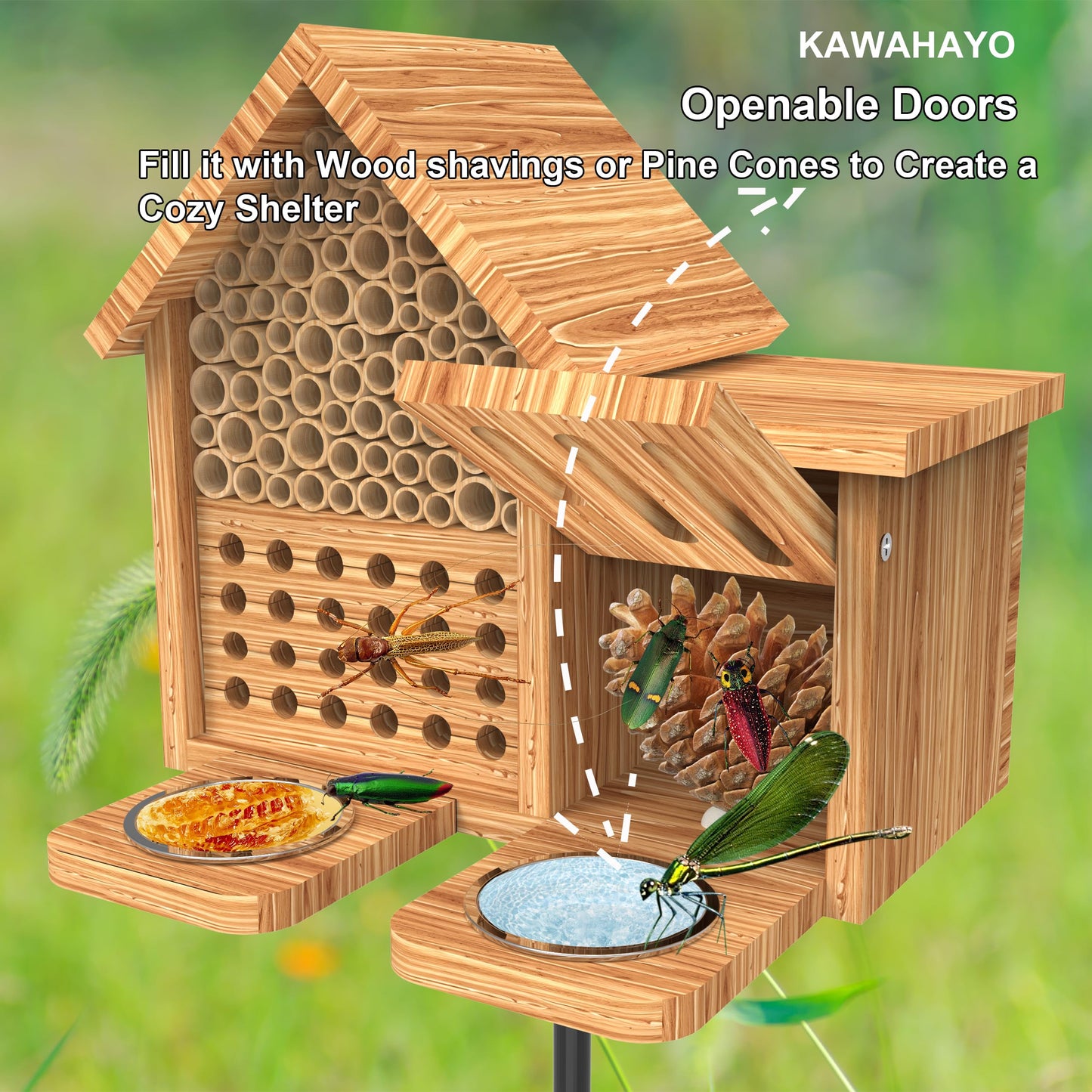 Mason Bee House Wooden Butterfly House with Feeders and Metal Stake, Insect Hotel for Garden Backyard, Natural Handmade Waterproof Bugs House, Attracts Bee, Butterfly, Ladybirds Pollinators
