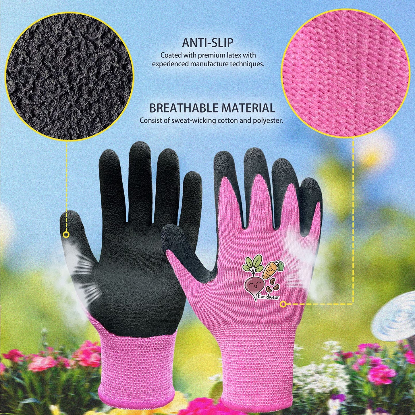 Evridwear Kids Gardening Gloves for Boys Girls Outdoor Yard Work,Planting (L (9-12yr), Pink)