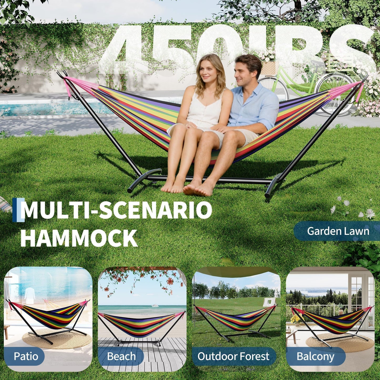 Hammock Chair Outdoor with Stand - Heavy Duty 500LB Capacity Portable Hanging Swing Chair for Patio, Garden, Backyard, Camping -Polyester Blend with Adjustable Steel Frame & Carry Bag