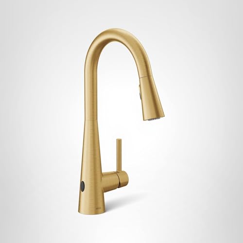 Moen Sleek Brushed Gold Motionsense Wave Sensor Touchless Kitchen Faucet, One-Handle Modern Kitchen Sink Faucet with Pulldown Sprayer Featuring Power Clean, 7864EWBG