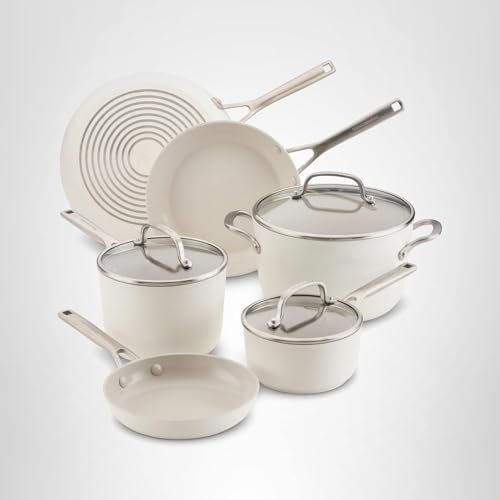 KitchenAid Hard Anodized Ceramic Induction Nonstick Pots and Pans with Saucepans, Frying Pans, Stockpot, and Lids, Dishwasher Safe, 9 Piece Cookware Set with Stainless Steel Handles - Porcelain White