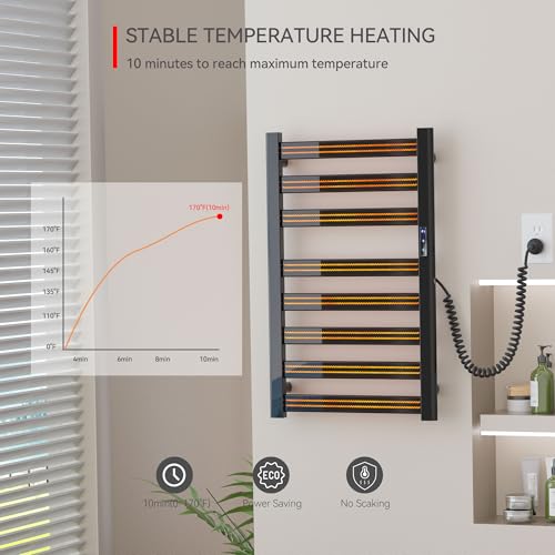 Sawlece Towel Warmers for Bathroom,Space Aluminum Wall Mounted Towel Warmer Rack, Heated Towel Rack for Bathroom,8 Bars Electric Towel Heater with Built-in Timer,Plug-in,Matte Black