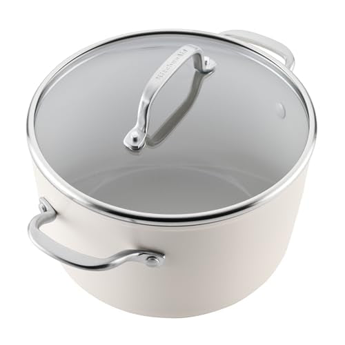 KitchenAid Hard Anodized Ceramic Induction Nonstick Pots and Pans with Saucepans, Frying Pans, Stockpot, and Lids, Dishwasher Safe, 9 Piece Cookware Set with Stainless Steel Handles - Porcelain White