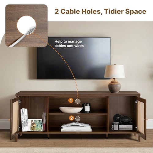 KISLOT Rattan TV Stand for TVs up to 75'' Boho Entertainment Center with Adjustable Shelf Television Stand with 2 Storage Cabinets Media Console Wooden TV Cabinet for Living Room Bedroom,Walnut